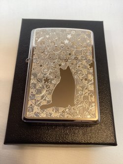 画像5: No.200 ペット&アニマルZIPPO BRUSHED CHROME ブラッシュクローム シルバープレート ネコと花 z-6680