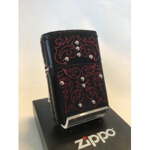 画像: No.200 レザーシリーズZIPPO ブラック 刺繍(レッド)&ビーズ z-2699