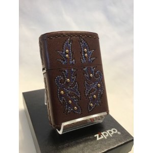 画像: No.200 レザーシリーズZIPPO ブラウン 刺繍(グレー・ブルー)&ビーズ z-2905