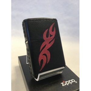 画像: No.200 レザーシリーズZIPPO 牛革巻き　ブラック　トライバルステッチ 208